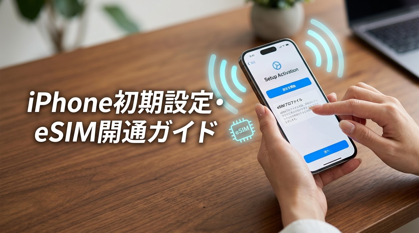 iPhoneの初期設定とeSIM開通のガイドを表す、iPhoneの設定画面を操作するイメージ