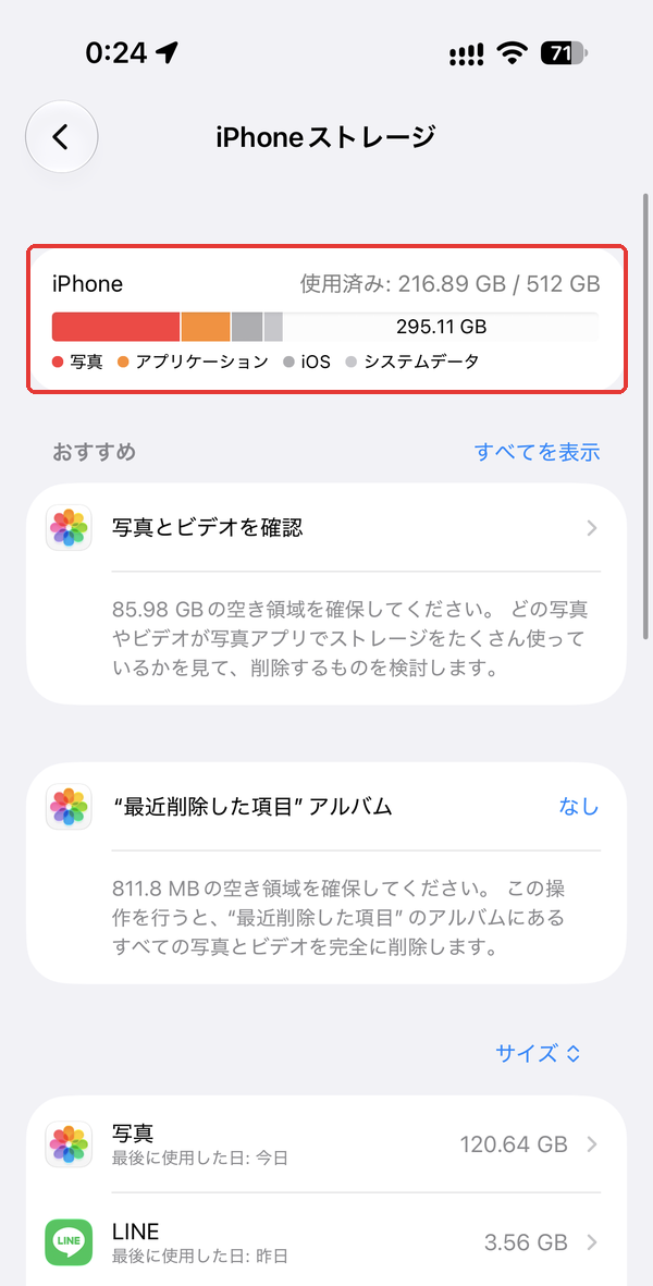 iPhoneの空き容量を増やす前に見るiPhoneストレージ画面。上部の容量グラフを赤枠で示している