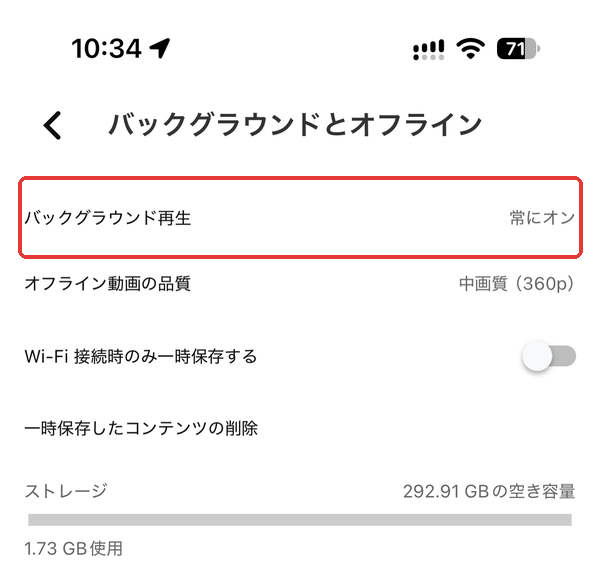 YouTubeアプリの「バックグラウンドとオフライン」画面。「バックグラウンド再生」が「常にオン」の行を赤枠で示している